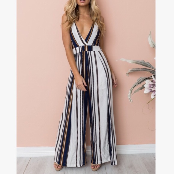 💕💕You Are Pretty Navy White Stripe Jumpsuit - Picture 2 of 7